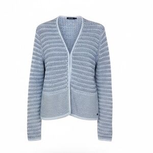 Olsen two-tone  blue knit cardigan, medium weight, cotton & polyester